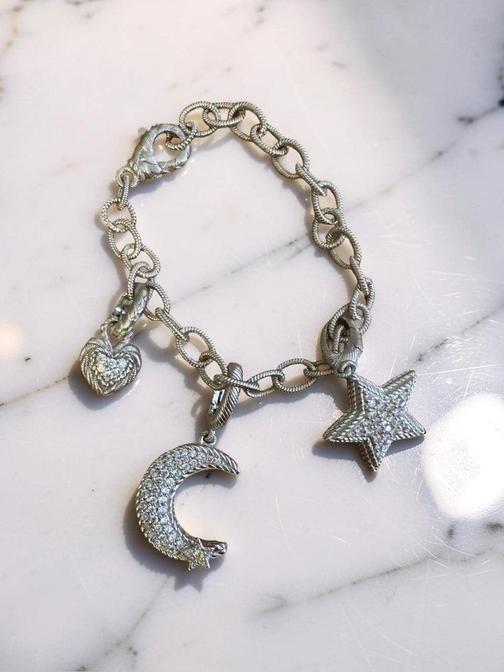 Judith Ripka 925 Silver Star & Moon Charm Bracelet - Pave CZ Accents